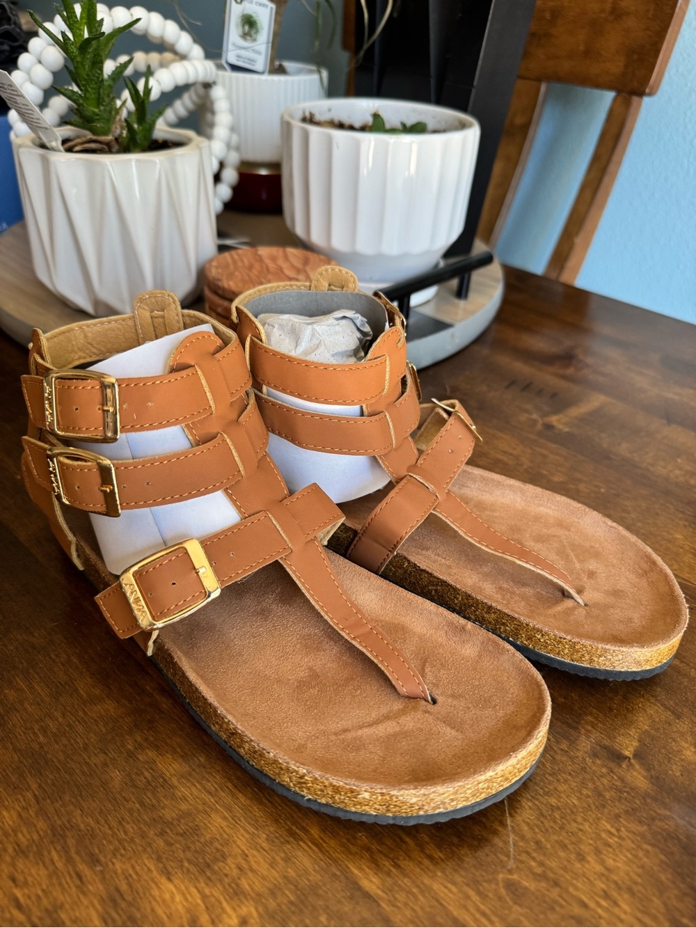 Anna Cognac Triple-Buckle Gladiator Sandals